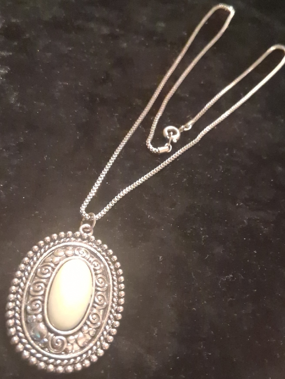 Sterling-Style Oval Pendant Necklace with Cream Cabochon 22 In Long